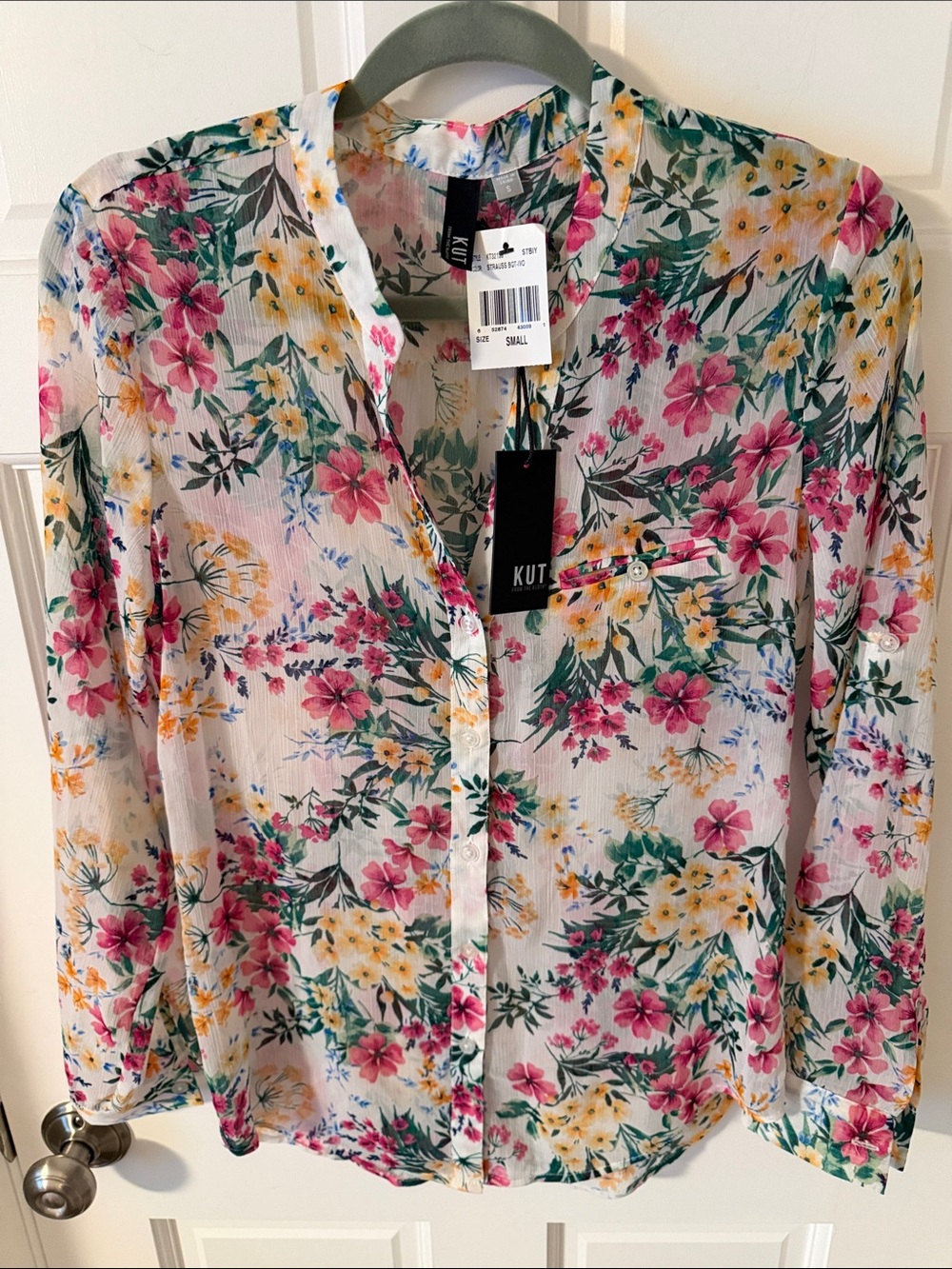NWT Kut from the Kloth Sheer Floral Button Down Blouse Roll Tab Sleeve Small